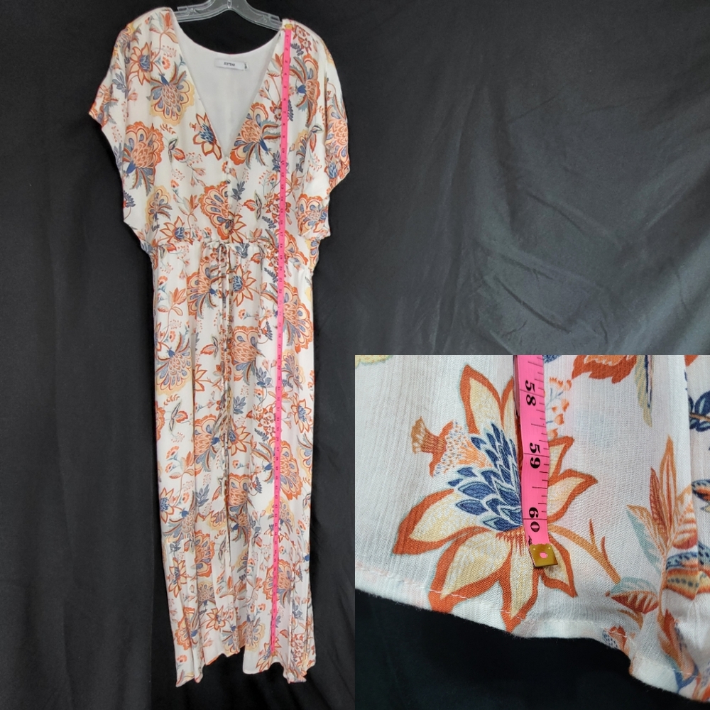 JustFab Floral Maxi DRESS Womens Size 1X Short Sleeve White Blues Rust Gauze - Picture 5 of 13
